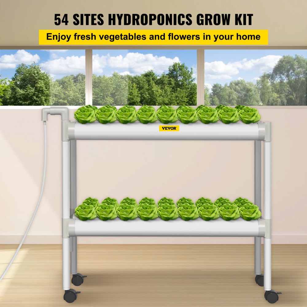 AMITOOLS Hydroponics Growing System, 54 Sites 6 Food-Grade PVC-U Pipes, 2 Layers Indoor Planting Kit with Water Pump, Timer, Nest Basket, Sponge for Fruits, Vegetables, Herb, White