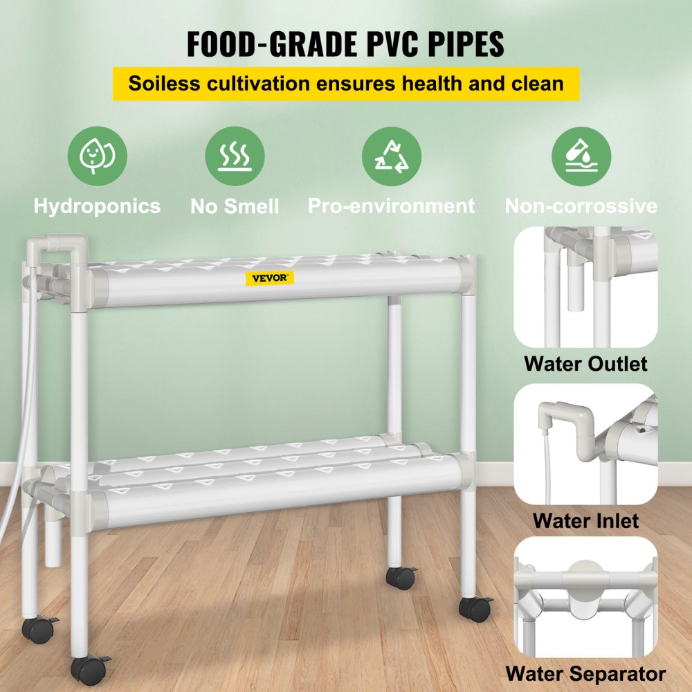 AMITOOLS Hydroponics Growing System, 54 Sites 6 Food-Grade PVC-U Pipes, 2 Layers Indoor Planting Kit with Water Pump, Timer, Nest Basket, Sponge for Fruits, Vegetables, Herb, White