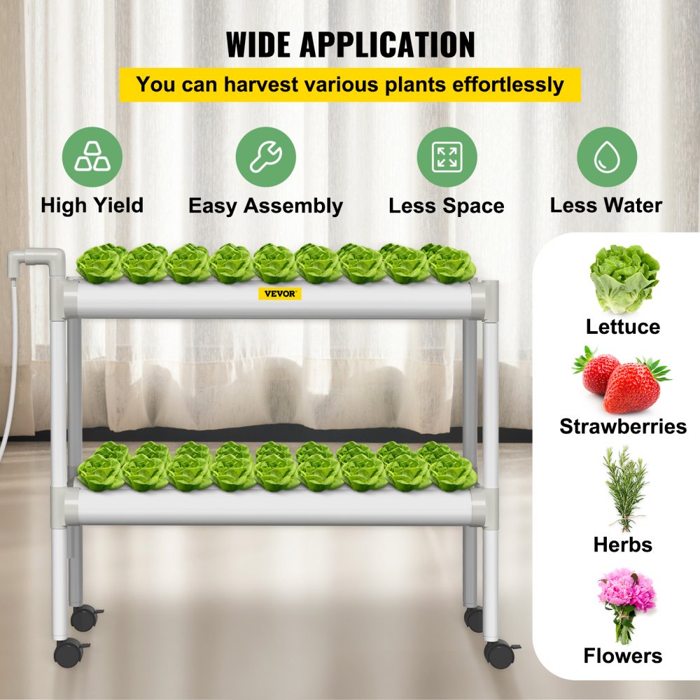 AMITOOLS Hydroponics Growing System, 54 Sites 6 Food-Grade PVC-U Pipes, 2 Layers Indoor Planting Kit with Water Pump, Timer, Nest Basket, Sponge for Fruits, Vegetables, Herb, White