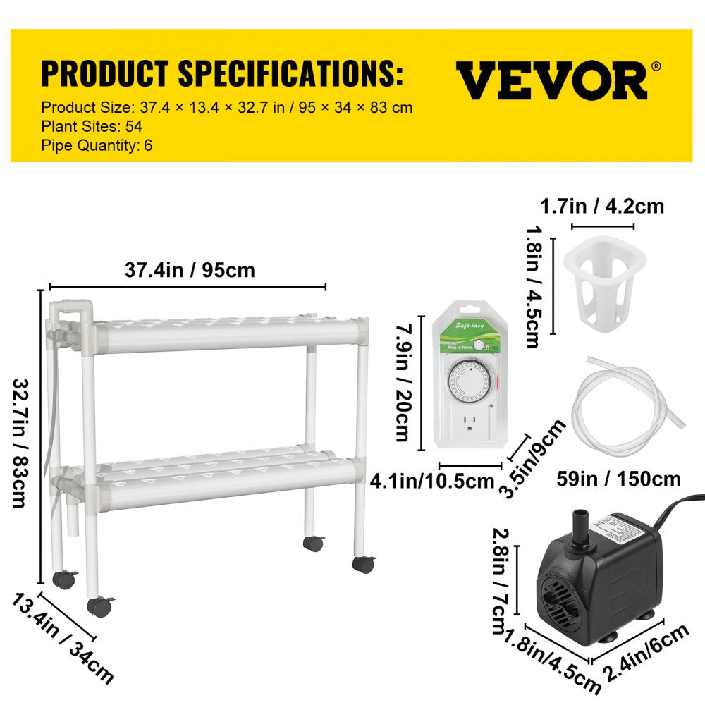 AMITOOLS Hydroponics Growing System, 54 Sites 6 Food-Grade PVC-U Pipes, 2 Layers Indoor Planting Kit with Water Pump, Timer, Nest Basket, Sponge for Fruits, Vegetables, Herb, White