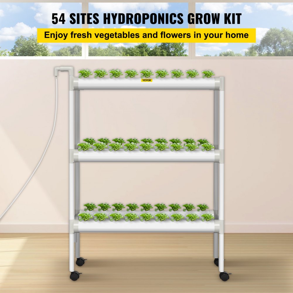 AMITOOLS Hydroponics Growing System, 54 Sites 6 Food-Grade PVC-U Pipes, 3 Layers Indoor Planting Kit with Water Pump, Timer, Nest Basket, Sponge for Fruits, Vegetables, Herb, White