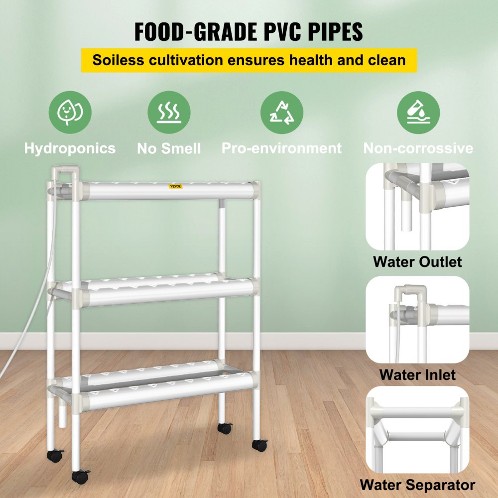 AMITOOLS Hydroponics Growing System, 54 Sites 6 Food-Grade PVC-U Pipes, 3 Layers Indoor Planting Kit with Water Pump, Timer, Nest Basket, Sponge for Fruits, Vegetables, Herb, White