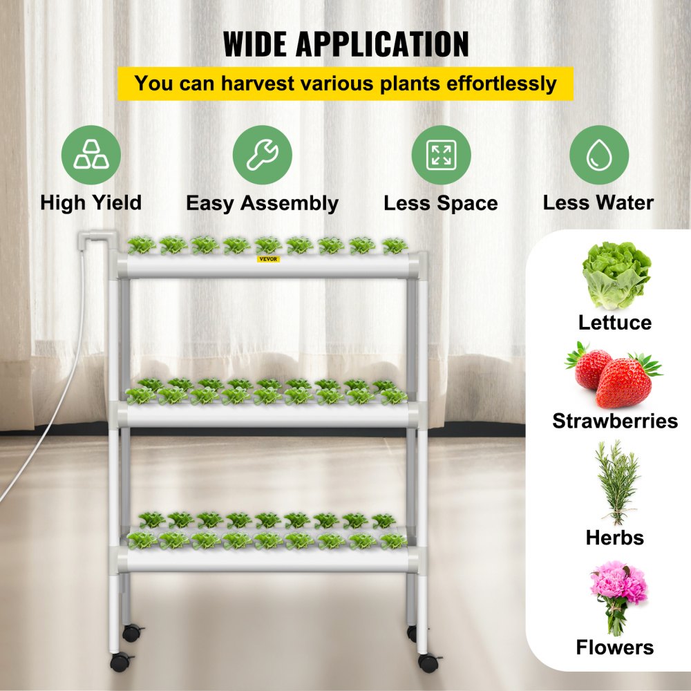 AMITOOLS Hydroponics Growing System, 54 Sites 6 Food-Grade PVC-U Pipes, 3 Layers Indoor Planting Kit with Water Pump, Timer, Nest Basket, Sponge for Fruits, Vegetables, Herb, White