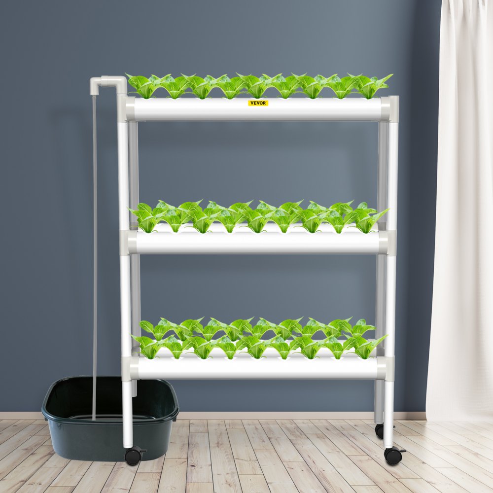 AMITOOLS Hydroponics Growing System, 54 Sites 6 Food-Grade PVC-U Pipes, 3 Layers Indoor Planting Kit with Water Pump, Timer, Nest Basket, Sponge for Fruits, Vegetables, Herb, White