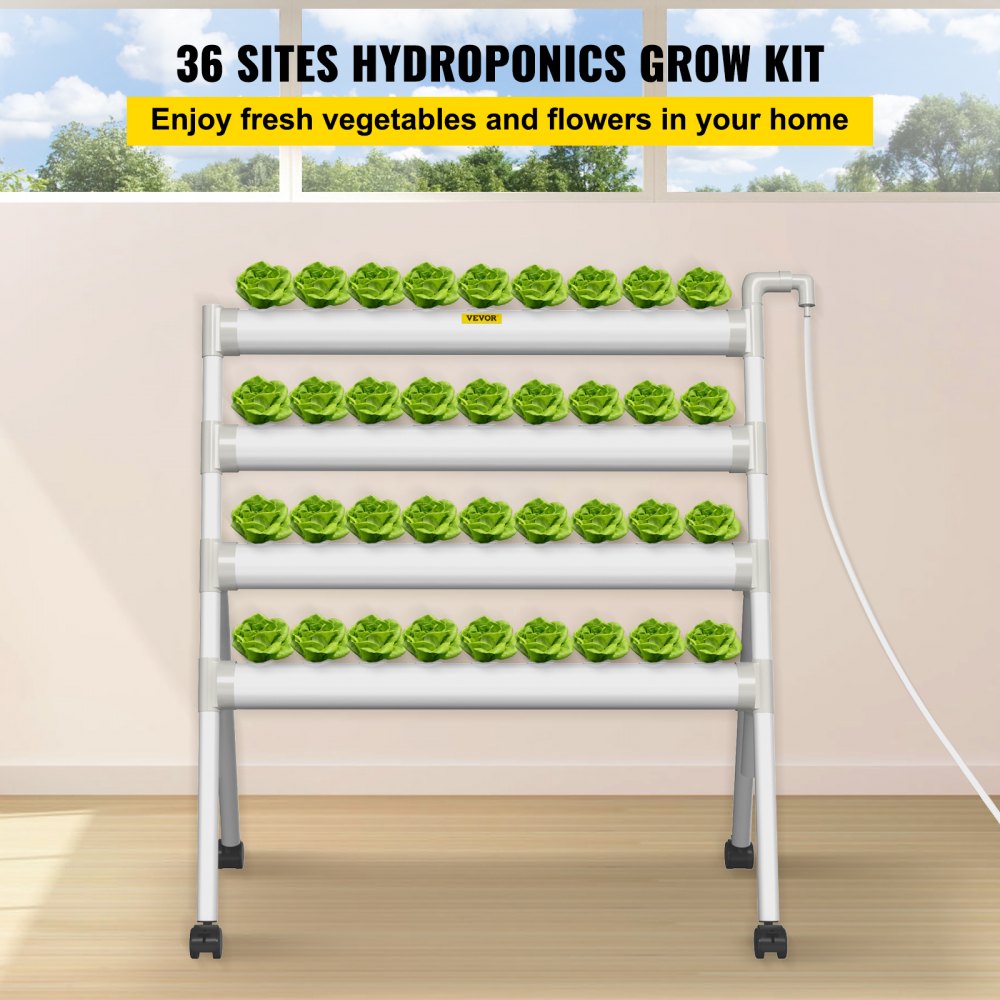 AMITOOLS Hydroponics Growing System, 36 Sites 4 Food-Grade PVC-U Pipes, 4 Layers Indoor Planting Kit with Water Pump, Timer, Nest Basket, Sponge for Fruits, Vegetables, Herb, White