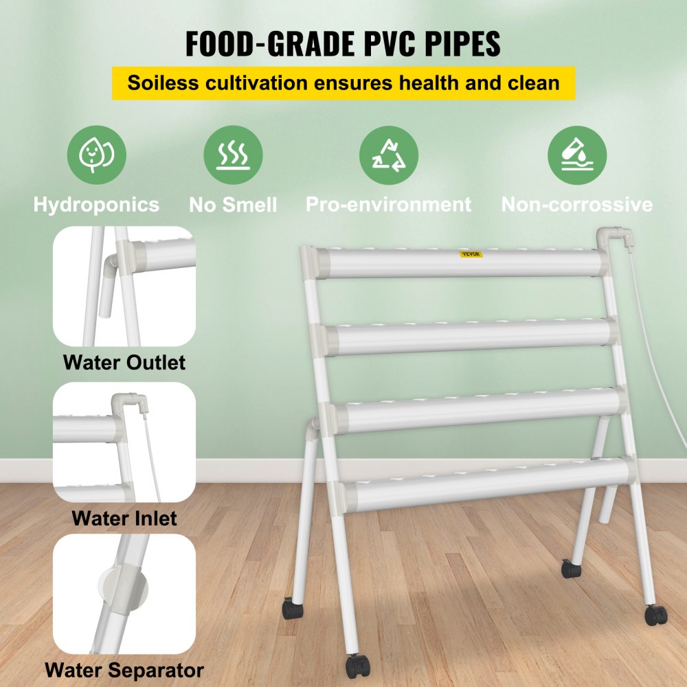 AMITOOLS Hydroponics Growing System, 36 Sites 4 Food-Grade PVC-U Pipes, 4 Layers Indoor Planting Kit with Water Pump, Timer, Nest Basket, Sponge for Fruits, Vegetables, Herb, White