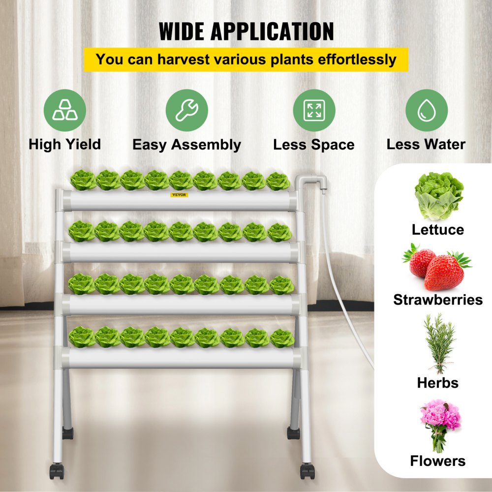 AMITOOLS Hydroponics Growing System, 36 Sites 4 Food-Grade PVC-U Pipes, 4 Layers Indoor Planting Kit with Water Pump, Timer, Nest Basket, Sponge for Fruits, Vegetables, Herb, White