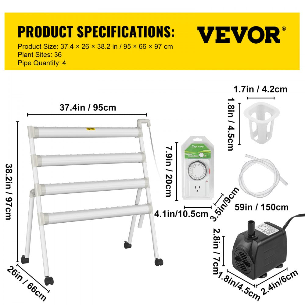 AMITOOLS Hydroponics Growing System, 36 Sites 4 Food-Grade PVC-U Pipes, 4 Layers Indoor Planting Kit with Water Pump, Timer, Nest Basket, Sponge for Fruits, Vegetables, Herb, White