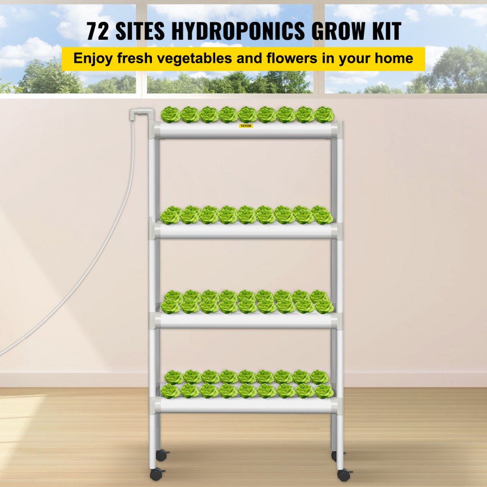 AMITOOLS Hydroponics Growing System, 72 Sites 8 Food-Grade PVC-U Pipes, 4 Layers Indoor Planting Kit with Water Pump, Timer, Nest Basket, Sponge, for Fruits, Vegetables, Herbs, White