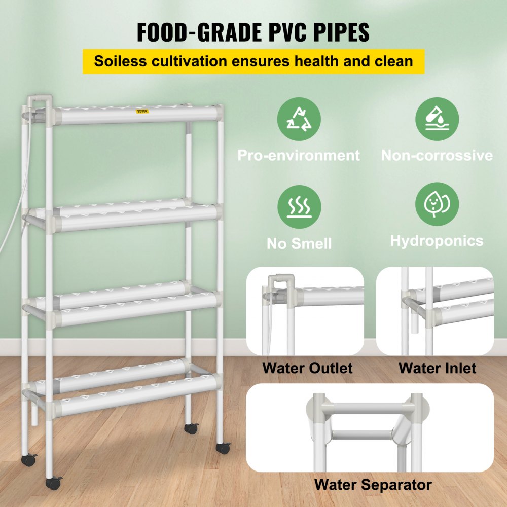 AMITOOLS Hydroponics Growing System, 72 Sites 8 Food-Grade PVC-U Pipes, 4 Layers Indoor Planting Kit with Water Pump, Timer, Nest Basket, Sponge, for Fruits, Vegetables, Herbs, White