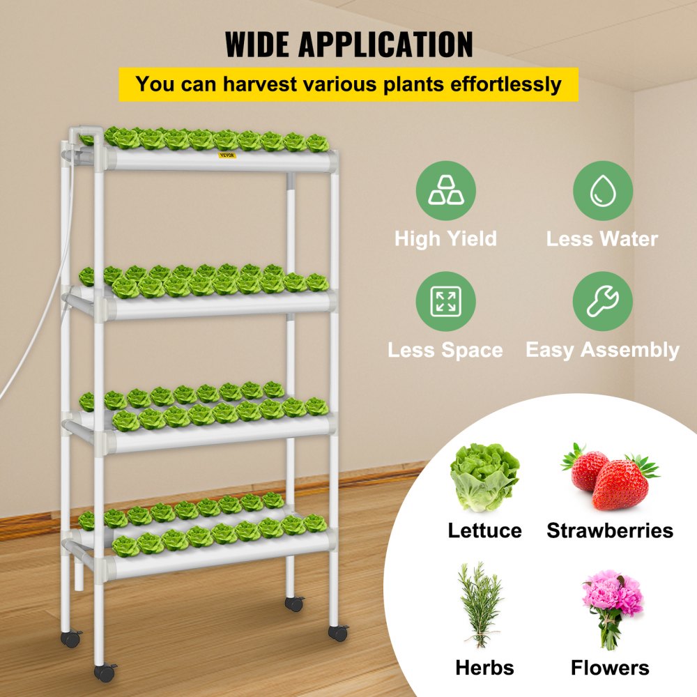 AMITOOLS Hydroponics Growing System, 72 Sites 8 Food-Grade PVC-U Pipes, 4 Layers Indoor Planting Kit with Water Pump, Timer, Nest Basket, Sponge, for Fruits, Vegetables, Herbs, White