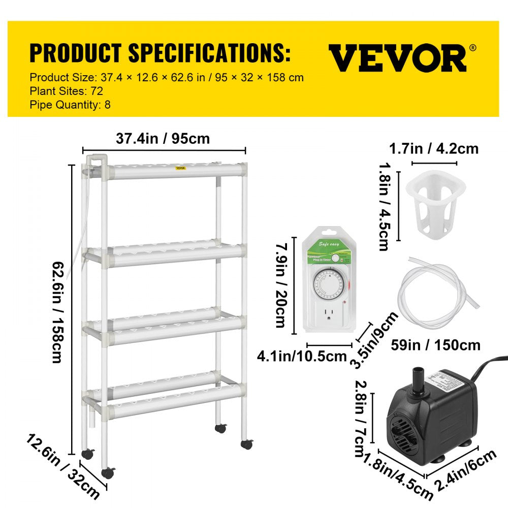 AMITOOLS Hydroponics Growing System, 72 Sites 8 Food-Grade PVC-U Pipes, 4 Layers Indoor Planting Kit with Water Pump, Timer, Nest Basket, Sponge, for Fruits, Vegetables, Herbs, White