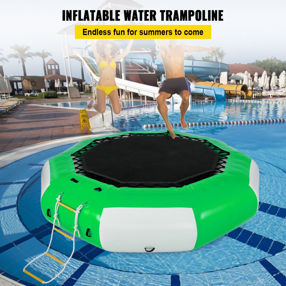 AMITOOLS Inflatable Water Trampoline 10FT , Round Inflatable Water Bouncer with 4-Step Ladder, Water Trampoline in Green and White for Water Sports.