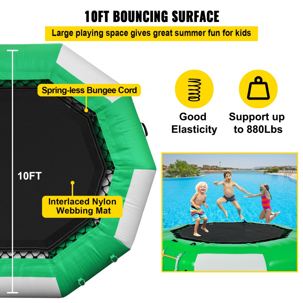 AMITOOLS Inflatable Water Trampoline 10FT , Round Inflatable Water Bouncer with 4-Step Ladder, Water Trampoline in Green and White for Water Sports.