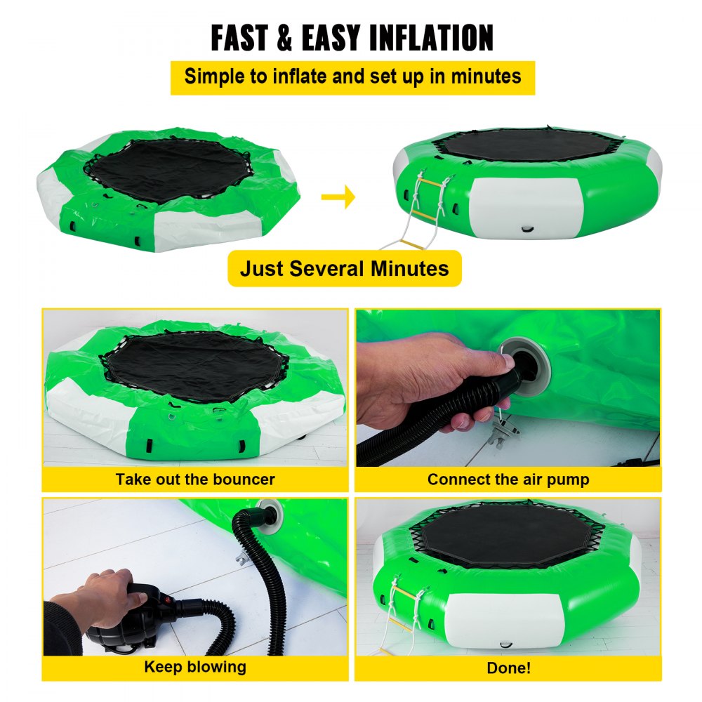 AMITOOLS Inflatable Water Trampoline 10FT , Round Inflatable Water Bouncer with 4-Step Ladder, Water Trampoline in Green and White for Water Sports.