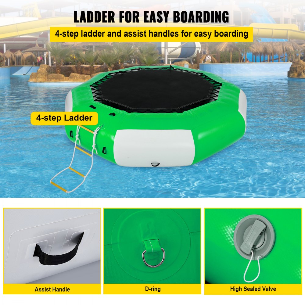 AMITOOLS Inflatable Water Trampoline 10FT , Round Inflatable Water Bouncer with 4-Step Ladder, Water Trampoline in Green and White for Water Sports.