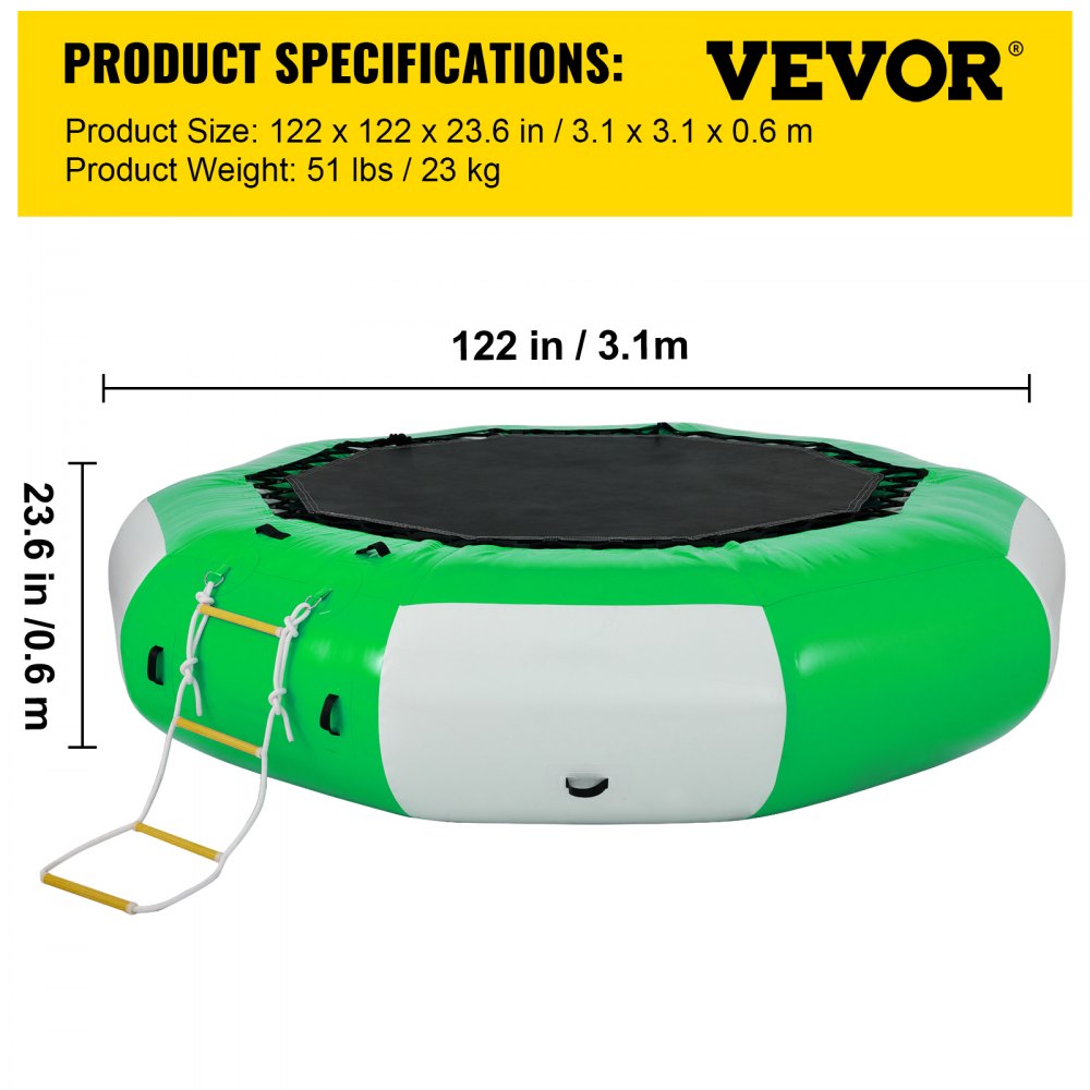 AMITOOLS Inflatable Water Trampoline 10FT , Round Inflatable Water Bouncer with 4-Step Ladder, Water Trampoline in Green and White for Water Sports.