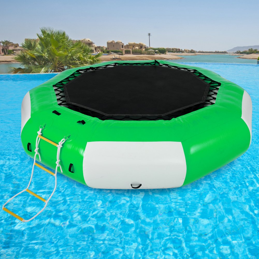 AMITOOLS Inflatable Water Trampoline 10FT , Round Inflatable Water Bouncer with 4-Step Ladder, Water Trampoline in Green and White for Water Sports.