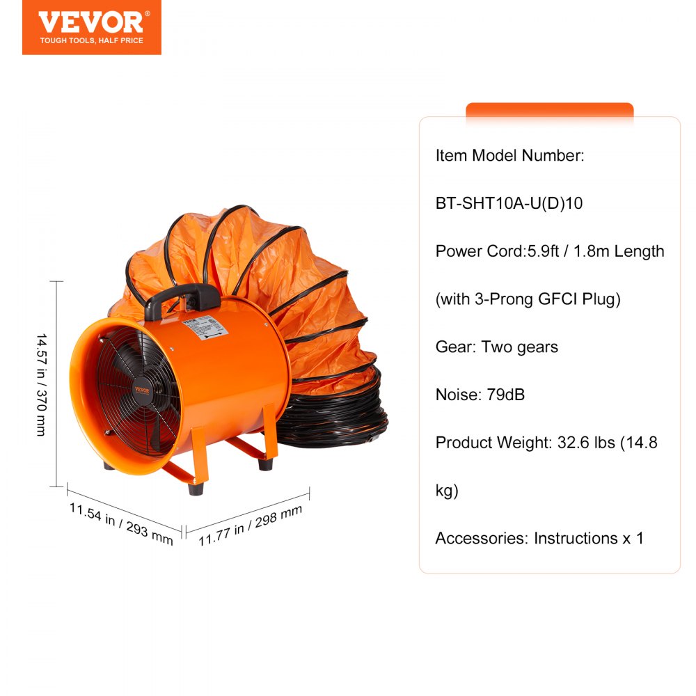 AMITOOLS Portable Ventilator, 10 inch Heavy Duty Cylinder Fan with 33ft Duct Hose, 350W Strong Shop Exhaust Blower 1948CFM, Industrial Utility Blower for Sucking Dust, Smoke, Smoke Home/Workplace