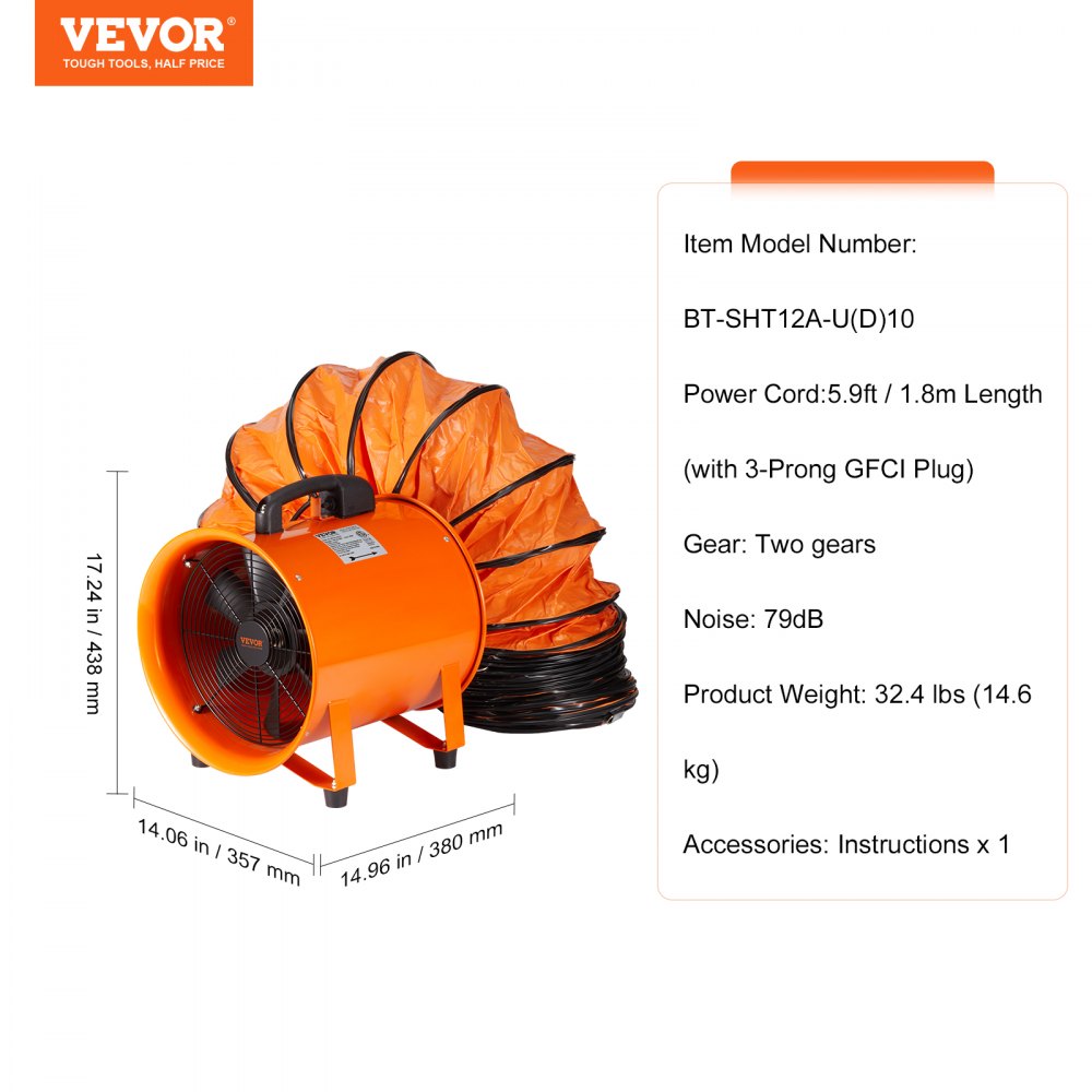 AMITOOLS Portable Ventilator, 12 inch Heavy Duty Cylinder Fan with 33ft Duct Hose, 560W Strong Shop Exhaust Blower 2894CFM, Industrial Utility Blower for Sucking Dust, Smoke, Smoke Home/Workplace