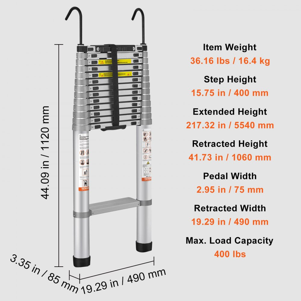 AMITOOLS Telescoping Ladder, 18.5 FT Aluminum One-button Retraction Collapsible Extension Ladder, 400 LBS Capacity with Non-slip Feet, Portable Multi-purpose Compact Ladder for Home, RV, Loft, ANSI Liste