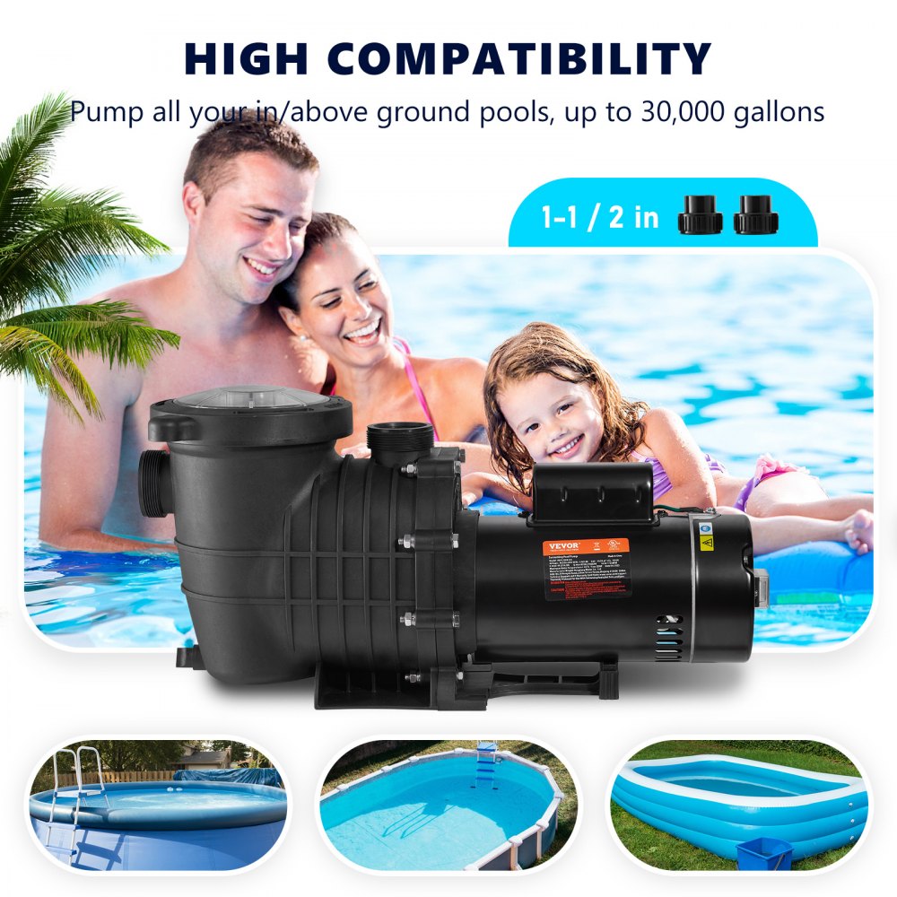 AMITOOLS Pool Pump 1.5HP 230V, Variable Dual Speed Pumps 1100W for Above Ground Pool, Powerful Self-priming Pump w/ Strainer Filter Basket, 5400 GPH Max. Flow, Energy Saving Swimming Pool Pump