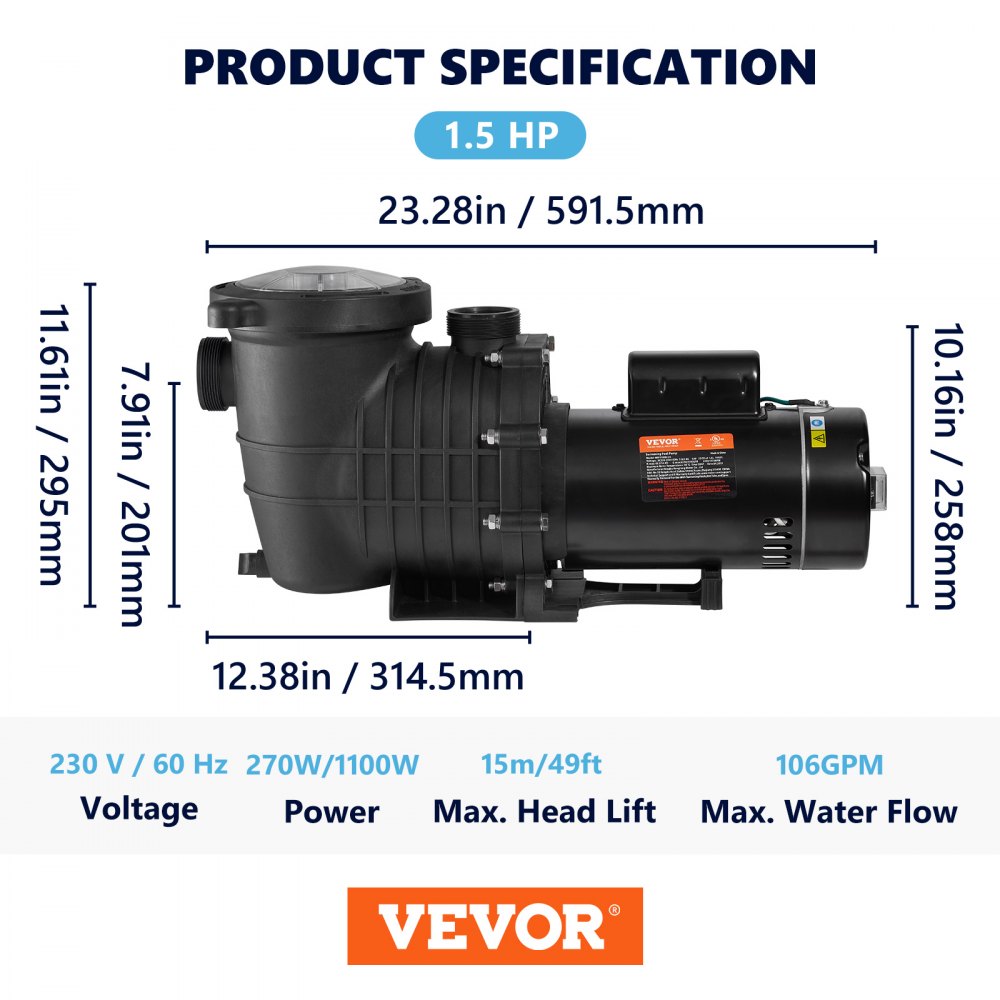 AMITOOLS Pool Pump 1.5HP 230V, Variable Dual Speed Pumps 1100W for Above Ground Pool, Powerful Self-priming Pump w/ Strainer Filter Basket, 5400 GPH Max. Flow, Energy Saving Swimming Pool Pump