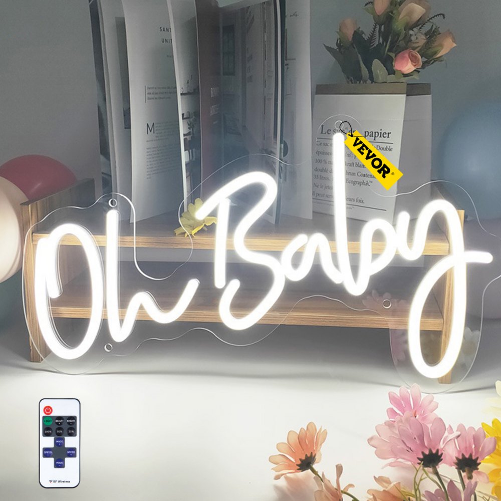 AMITOOLS Oh Baby Neon Sign for Wall Decor, with Remote Control and Dimmable Switch for Baby Shower decorations, Birthday Party, Wedding Decor, 20x10 inches (White)