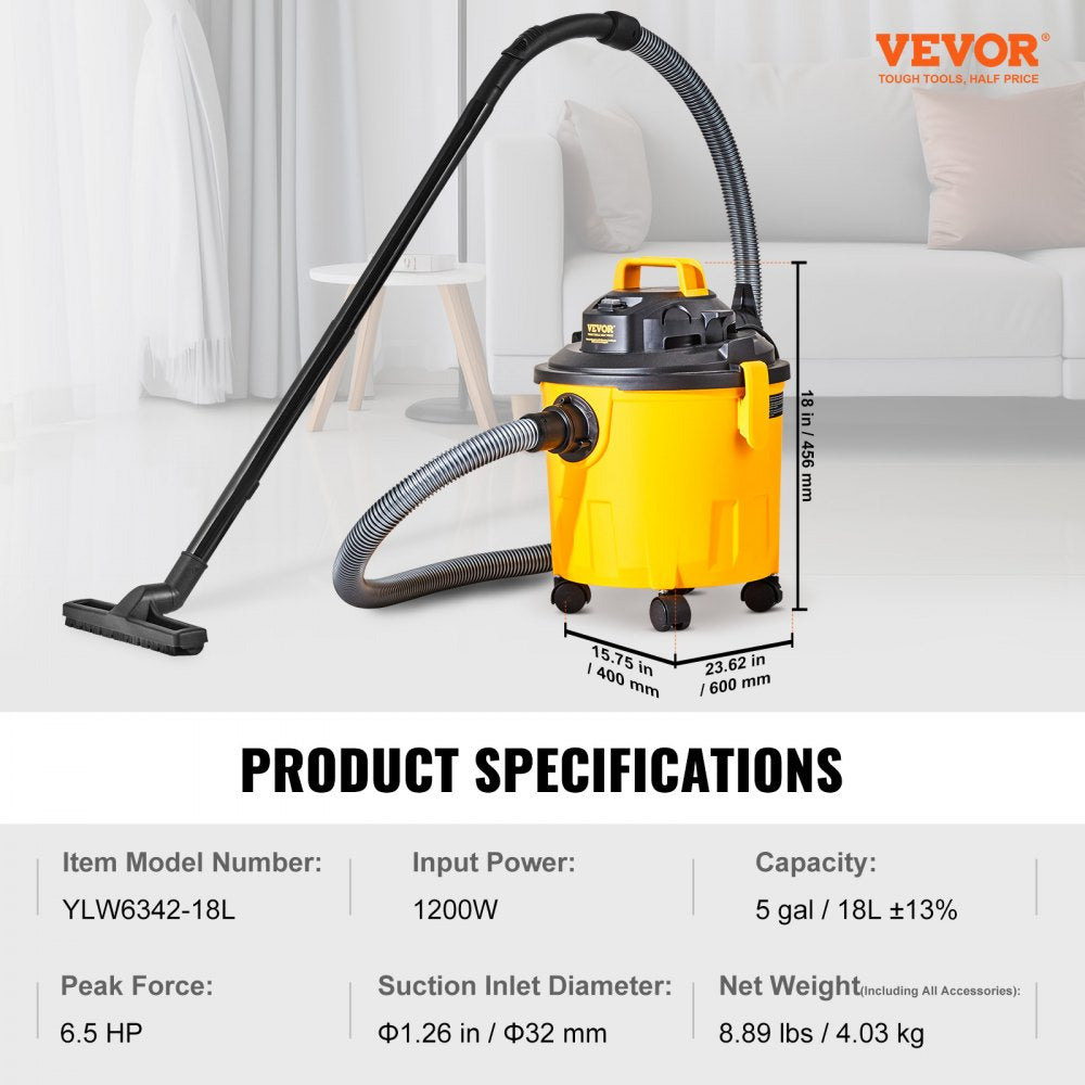 AMITOOLS Shop Vacuum Wet And Dry, 5 Gallon 6 Peak HP Wet/Dry Vac, Powerful Suction with Blower Function with Attachments 2-in-1 Crevice Nozzle, Small Shop Vac Perfect for Carpet Debris, Pet Hair, Car