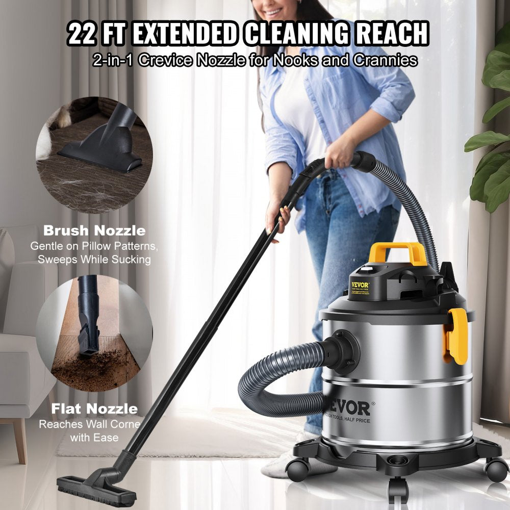 AMITOOLS Stainless Steel Wet Dry Shop Vacuum, 5.5 Gallon 6.5 Peak HP Wet/Dry Vac, Powerful Suction with Blower Function w/ Attachment 2-in-1 Crevice Nozzle, Small Vac Perfect for Carpet Debris, Pet Hair