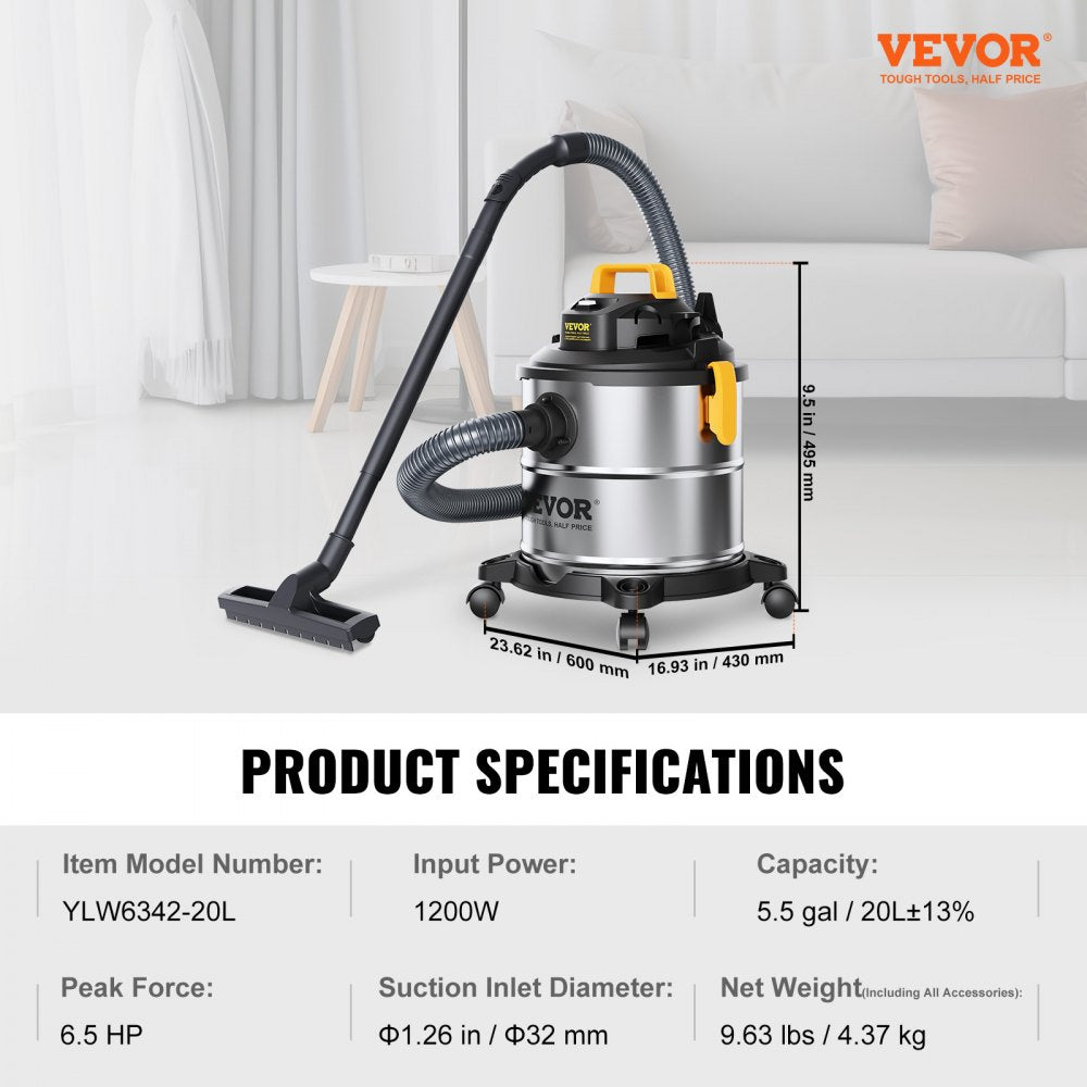 AMITOOLS Stainless Steel Wet Dry Shop Vacuum, 5.5 Gallon 6.5 Peak HP Wet/Dry Vac, Powerful Suction with Blower Function w/ Attachment 2-in-1 Crevice Nozzle, Small Vac Perfect for Carpet Debris, Pet Hair