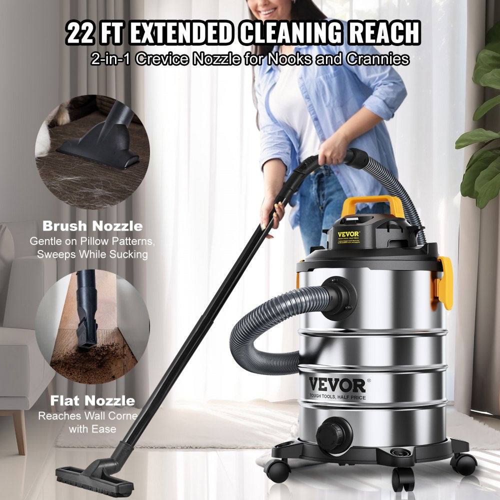 AMITOOLS Stainless Steel Wet Dry Shop Vacuum, 8 Gallon 6 Peak HP Wet/Dry Vac, Powerful Suction with Blower Function w/ Attachment 2-in-1 Crevice Nozzle, Small Shop Vac Perfect for Carpet Debris, Pet Hair