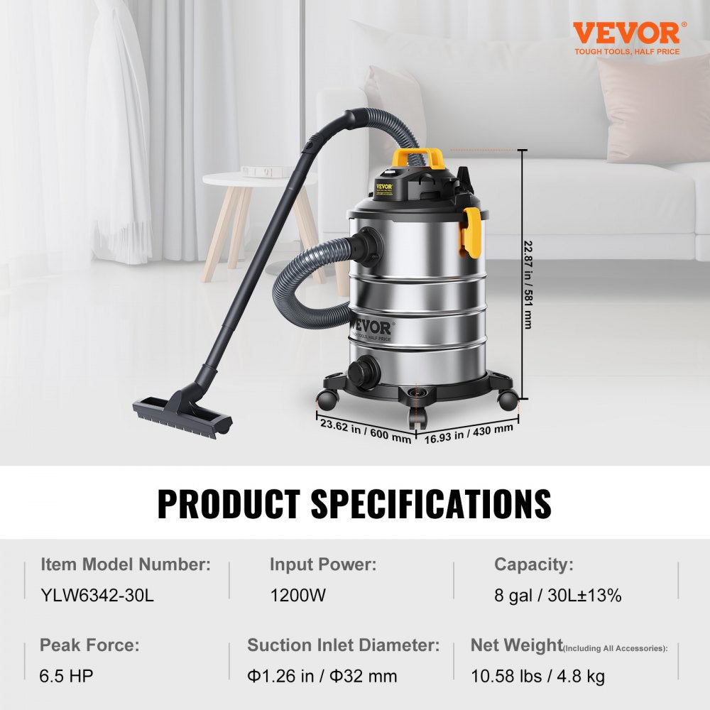 AMITOOLS Stainless Steel Wet Dry Shop Vacuum, 8 Gallon 6 Peak HP Wet/Dry Vac, Powerful Suction with Blower Function w/ Attachment 2-in-1 Crevice Nozzle, Small Shop Vac Perfect for Carpet Debris, Pet Hair