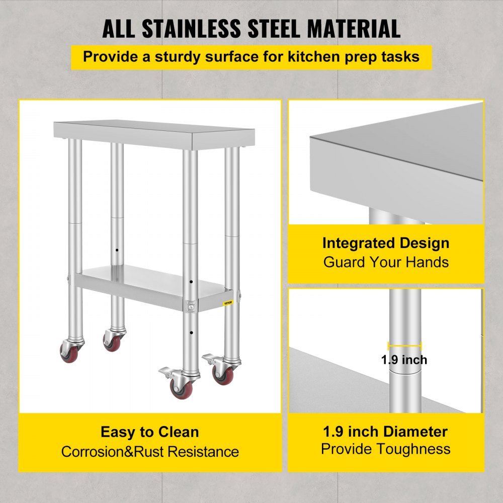 AMITOOLS Stainless Steel Work Table with Wheels 24 x 12 x 32 Inch Prep Table with 4 Casters Heavy Duty Work Table for Commercial Kitchen Restaurant Business