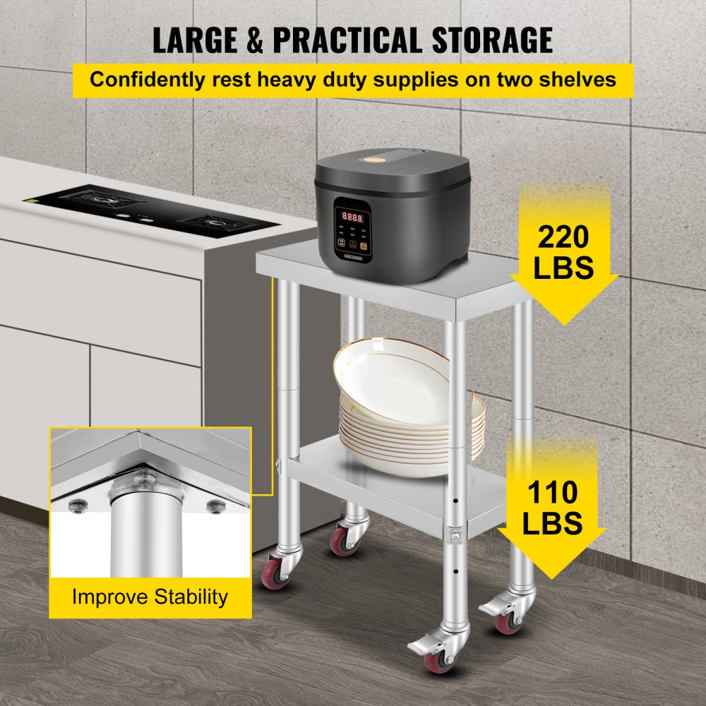 AMITOOLS Stainless Steel Work Table with Wheels 24 x 12 x 32 Inch Prep Table with 4 Casters Heavy Duty Work Table for Commercial Kitchen Restaurant Business