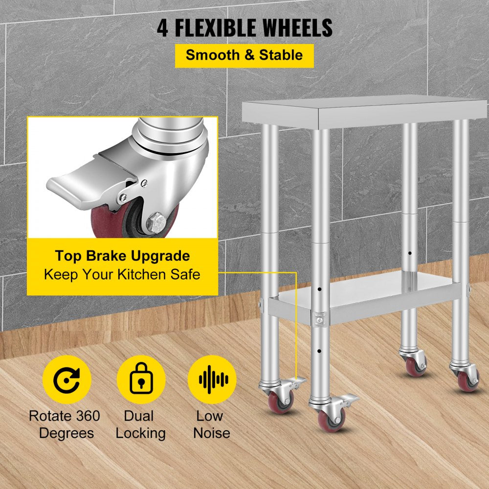 AMITOOLS Stainless Steel Work Table with Wheels 24 x 12 x 32 Inch Prep Table with 4 Casters Heavy Duty Work Table for Commercial Kitchen Restaurant Business