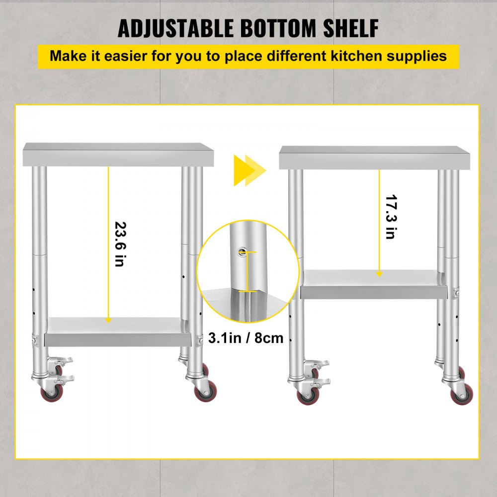 AMITOOLS Stainless Steel Work Table with Wheels 24 x 12 x 32 Inch Prep Table with 4 Casters Heavy Duty Work Table for Commercial Kitchen Restaurant Business