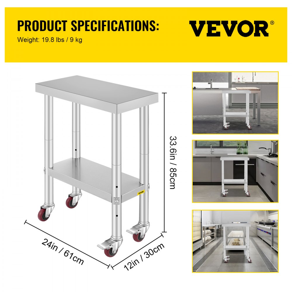 AMITOOLS Stainless Steel Work Table with Wheels 24 x 12 x 32 Inch Prep Table with 4 Casters Heavy Duty Work Table for Commercial Kitchen Restaurant Business