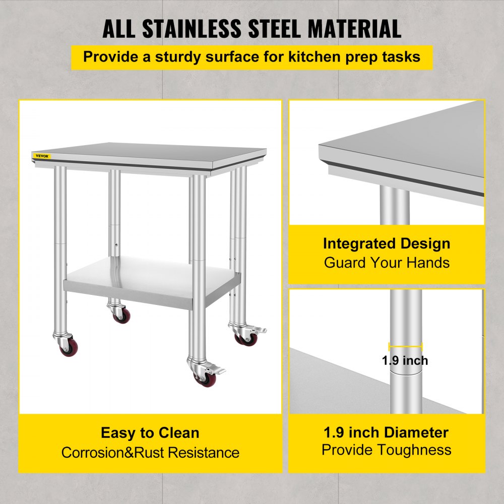 AMITOOLS Stainless Steel Work Table with Wheels 24 x 30 Prep Table with casters Heavy Duty Work Table for Commercial Kitchen Restaurant Business (24 x 30 x 33.8 Inch)