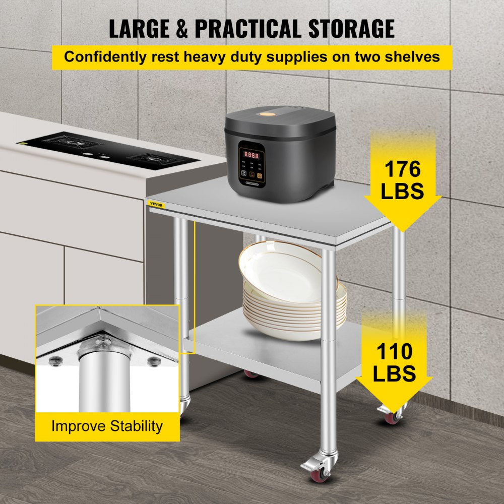 AMITOOLS Stainless Steel Work Table with Wheels 24 x 30 Prep Table with casters Heavy Duty Work Table for Commercial Kitchen Restaurant Business (24 x 30 x 33.8 Inch)