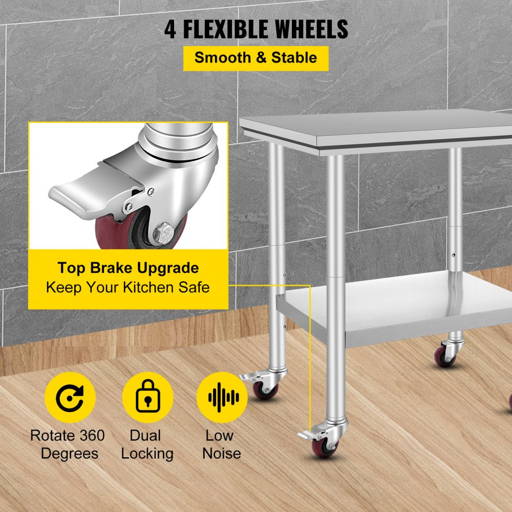 AMITOOLS Stainless Steel Work Table with Wheels 24 x 30 Prep Table with casters Heavy Duty Work Table for Commercial Kitchen Restaurant Business (24 x 30 x 33.8 Inch)