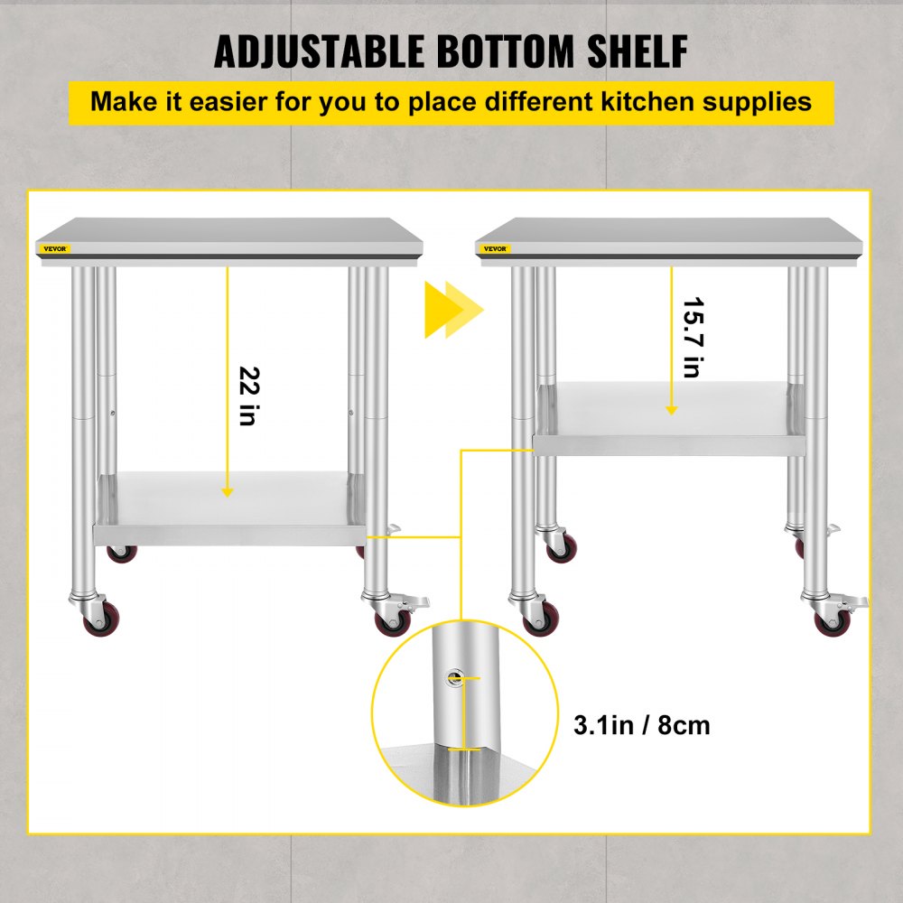 AMITOOLS Stainless Steel Work Table with Wheels 24 x 30 Prep Table with casters Heavy Duty Work Table for Commercial Kitchen Restaurant Business (24 x 30 x 33.8 Inch)