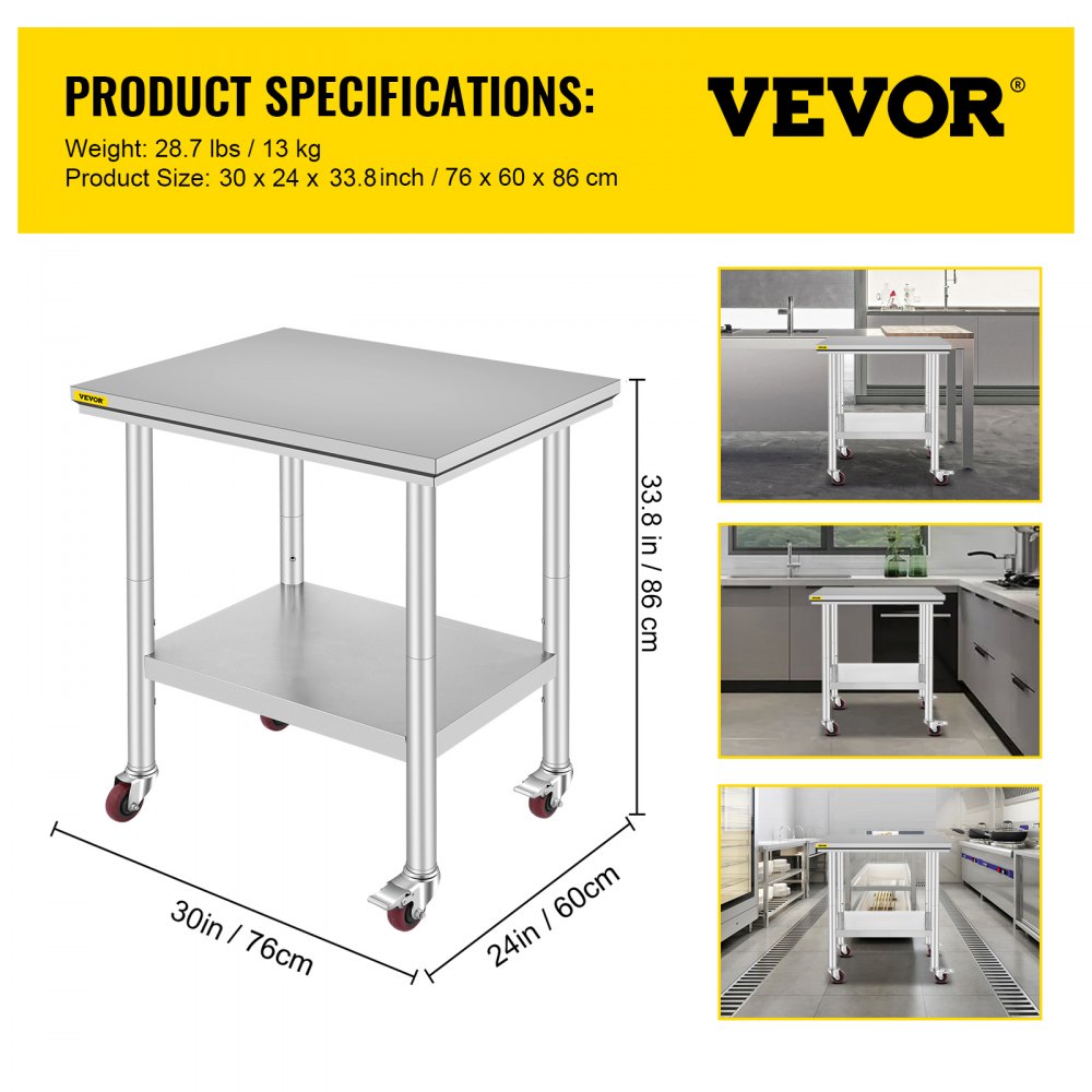 AMITOOLS Stainless Steel Work Table with Wheels 24 x 30 Prep Table with casters Heavy Duty Work Table for Commercial Kitchen Restaurant Business (24 x 30 x 33.8 Inch)