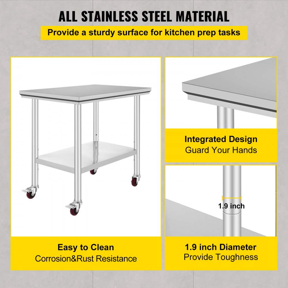 AMITOOLS Stainless Steel Work Table 36x24 Inch with 4 Wheels Commercial Food Prep Worktable with Casters Heavy Duty Work Table for Commercial Kitchen Restaurant