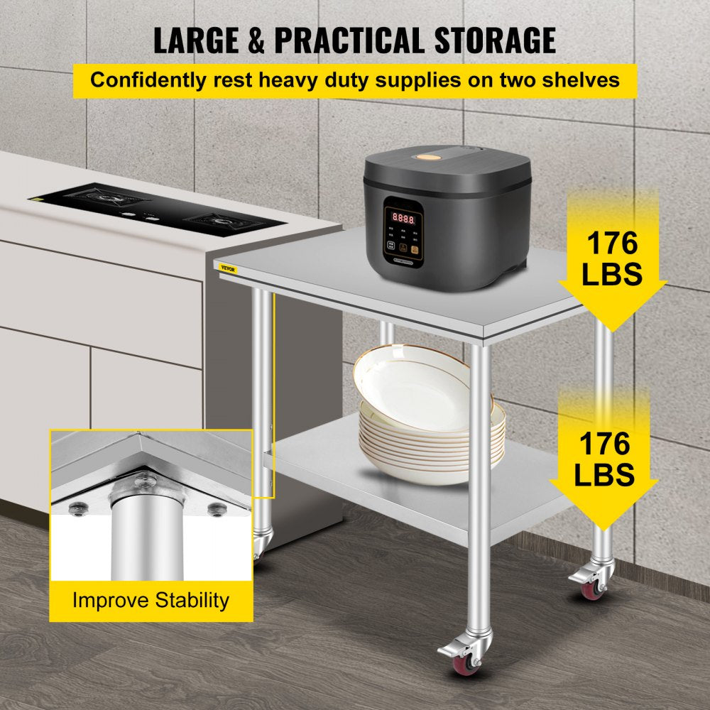 AMITOOLS Stainless Steel Work Table 36x24 Inch with 4 Wheels Commercial Food Prep Worktable with Casters Heavy Duty Work Table for Commercial Kitchen Restaurant