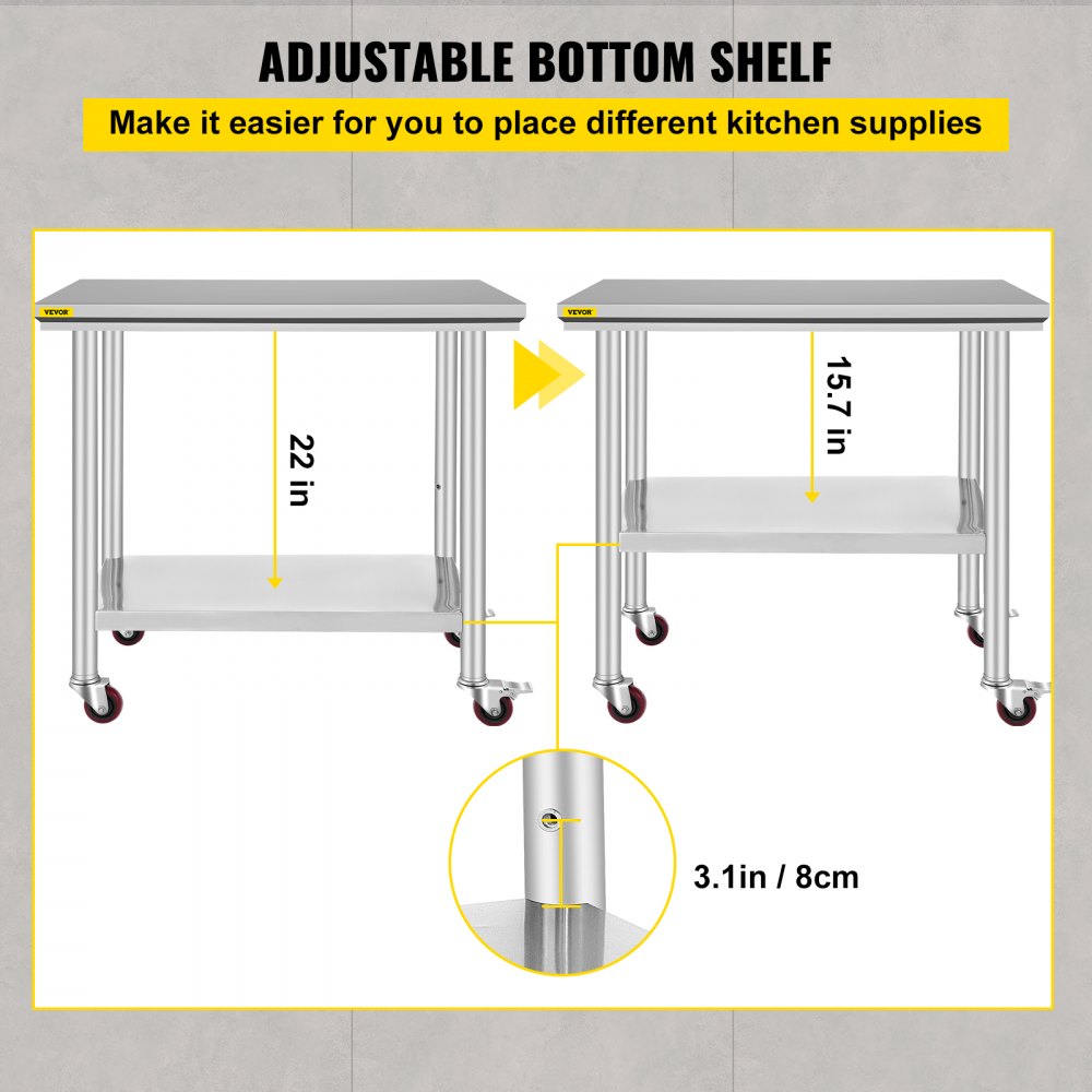 AMITOOLS Stainless Steel Work Table 36x24 Inch with 4 Wheels Commercial Food Prep Worktable with Casters Heavy Duty Work Table for Commercial Kitchen Restaurant