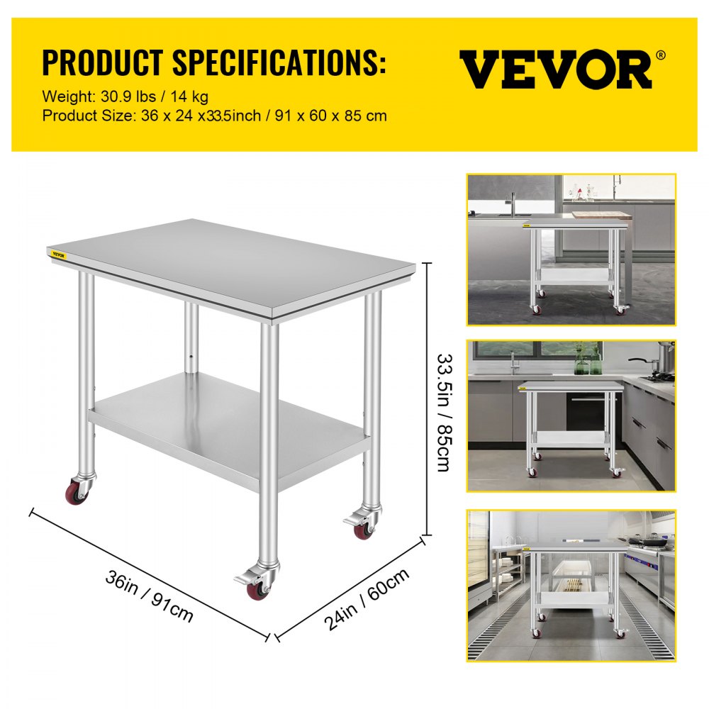 AMITOOLS Stainless Steel Work Table 36x24 Inch with 4 Wheels Commercial Food Prep Worktable with Casters Heavy Duty Work Table for Commercial Kitchen Restaurant