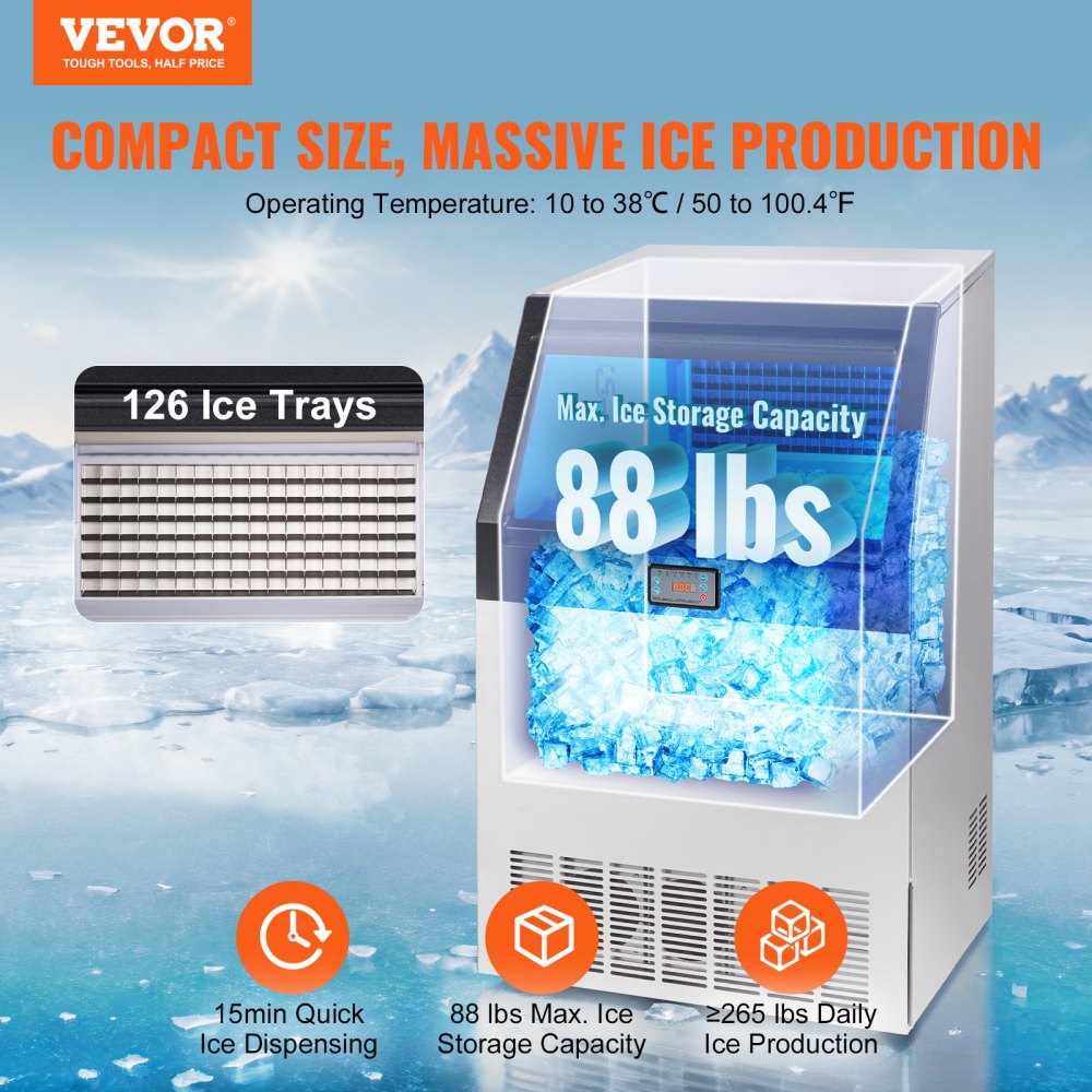 AMITOOLS Commercial Ice Maker, 265lbs/24H, Ice Maker Machine, 126 Ice Cubes in 12-15 Minutes, Freestanding Cabinet Ice Maker with 88lbs Storage Capacity LED Digital Display, for Home Office Restaurant