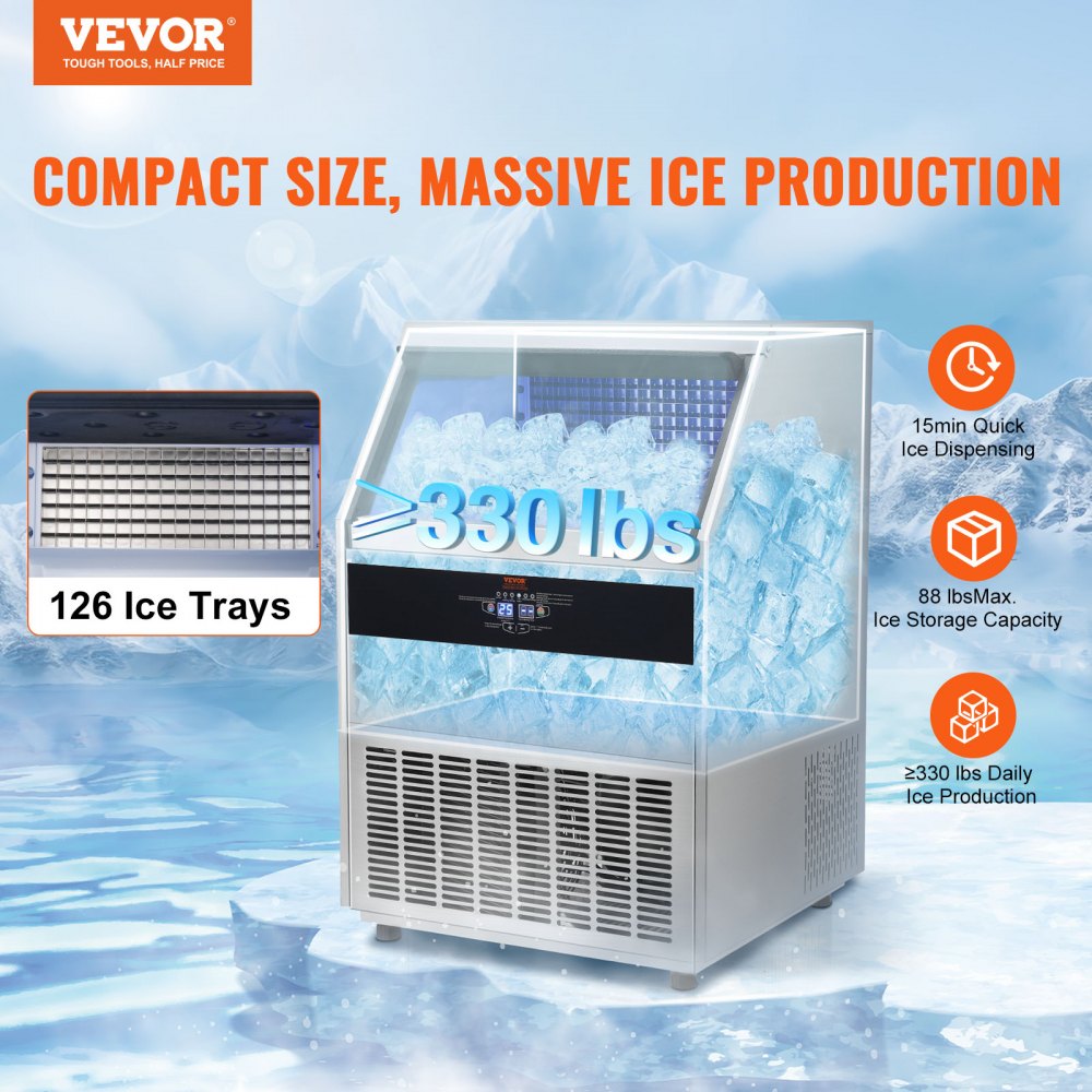 AMITOOLS Commercial Ice Maker, 330lbs/24H, Ice Maker Machine, 126 Ice Cubes in 12-15 Minutes, Freestanding Cabinet Ice Maker with 88lbs Storage Capacity LED Digital Display, for Bar Home Restaurant