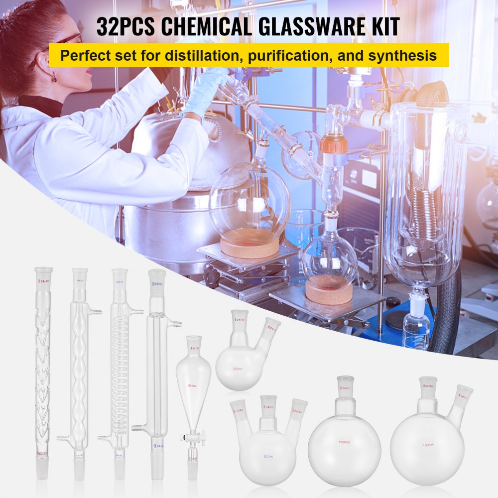 AMITOOLS New Laboratory Glassware 24/40 Chemistry Glassware 32PCS Chemistry Lab Glassware Kit 250 1000ml for Distillations Separation Purification Synthe（24/40, 32PCS）